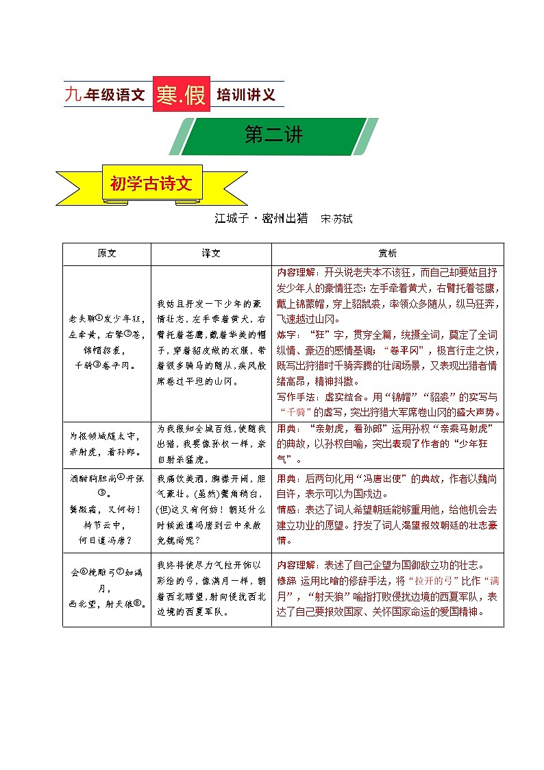第02讲 新知+综合训练题+现代文阅读+文言古诗练2020-2021学年寒假九年级语文下辅导讲义（全国通用）01