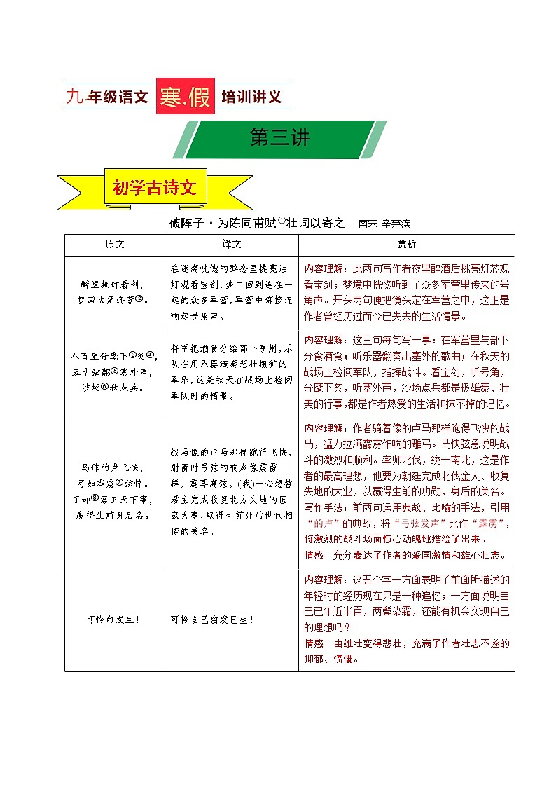 第03讲 新知+综合训练题+现代文阅读+文言古诗练2020-2021学年寒假九年级语文下辅导讲义（全国通用）01