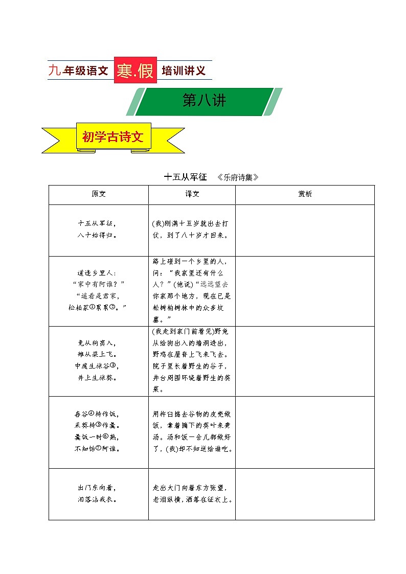 第08讲 九下语文新知+综合训练题+现代文阅读+文言古诗练（原卷版）第1页