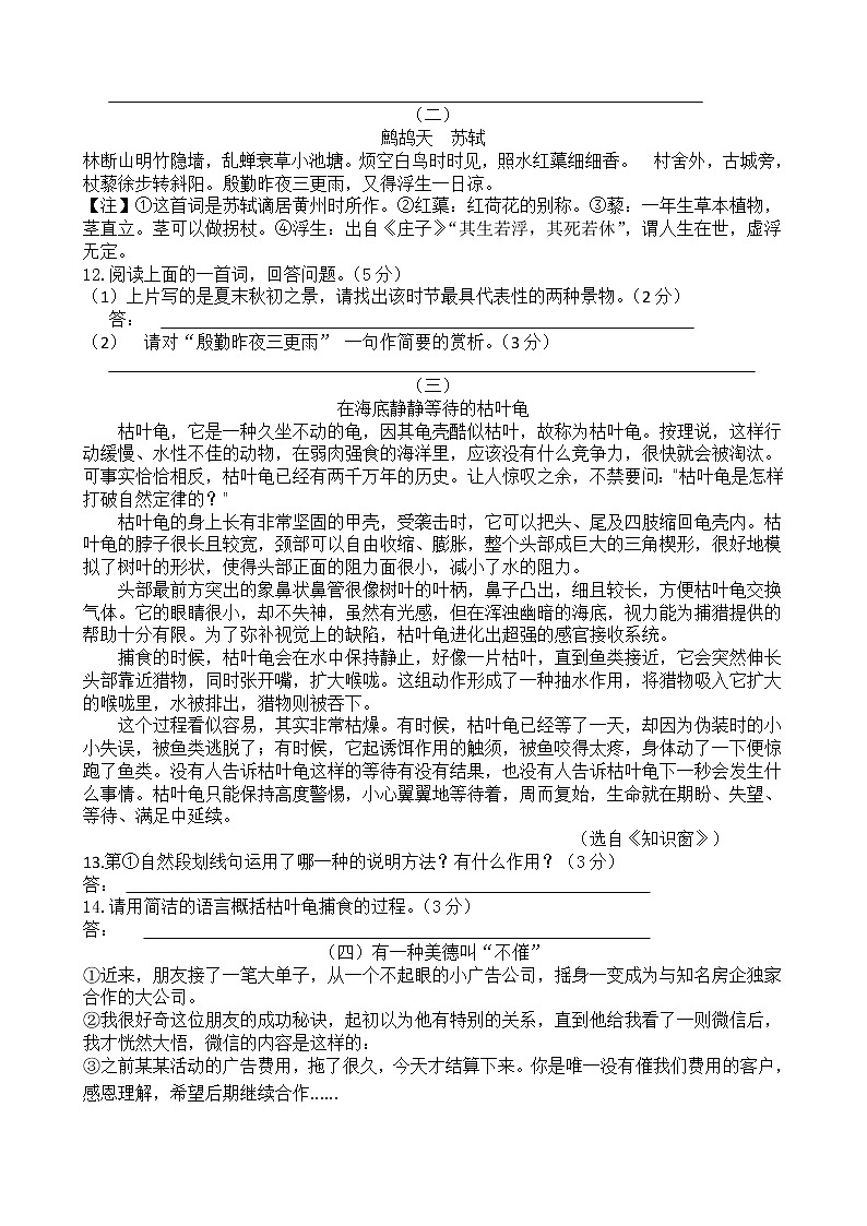 2020年春季初三语文中考适应性测试第3页