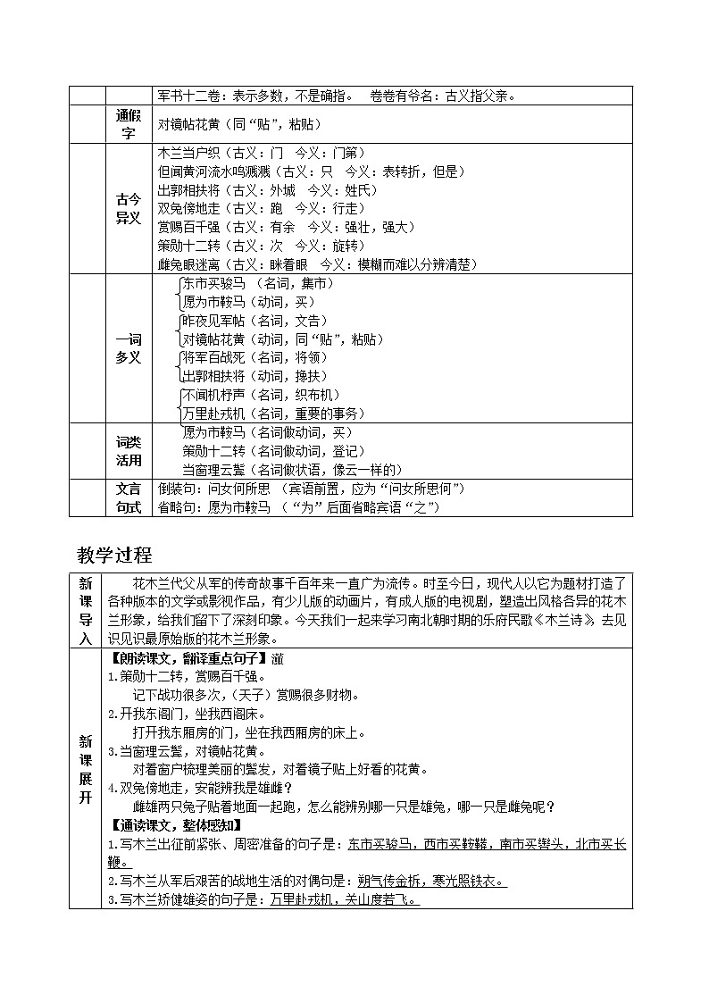 部编版语文七年级下教案第二单元8 木兰诗 同步教案02