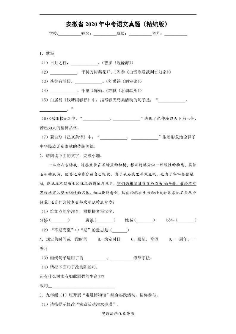 安徽省2020年中考语文真题含解析01