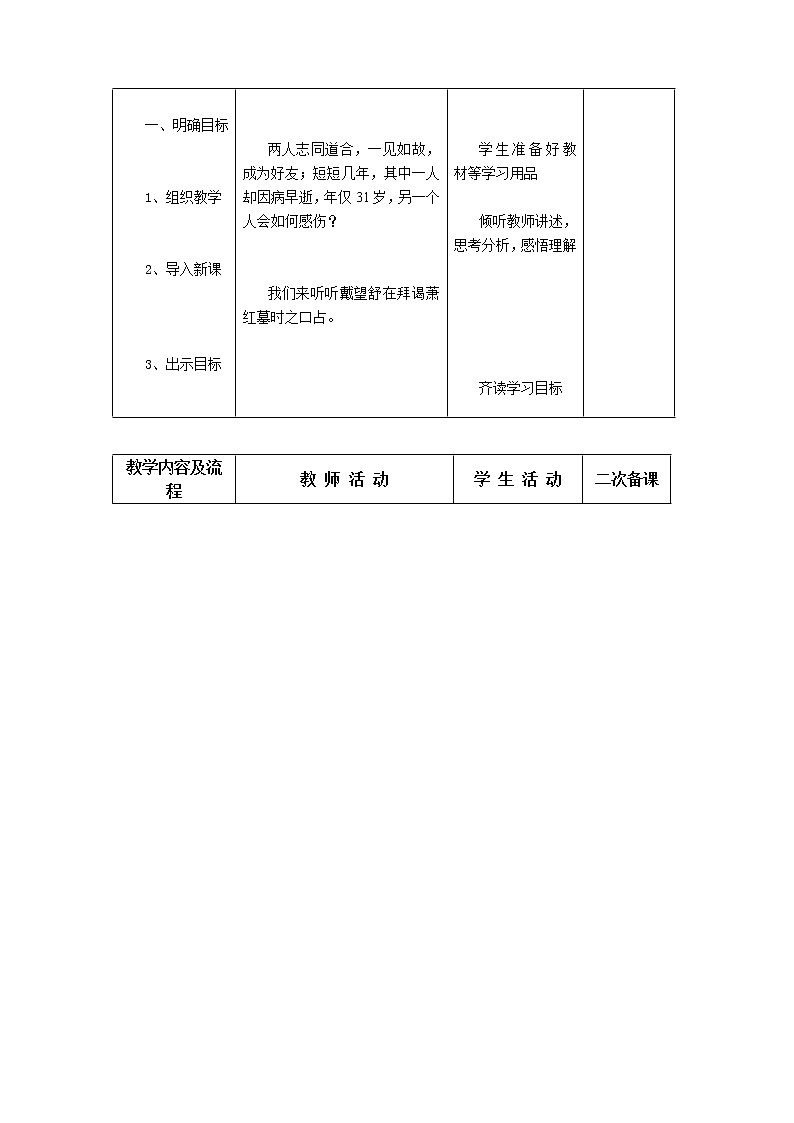 部编版九年级下语文  第3课 《短诗五首—萧红墓畔口占 》教案（表格式）02