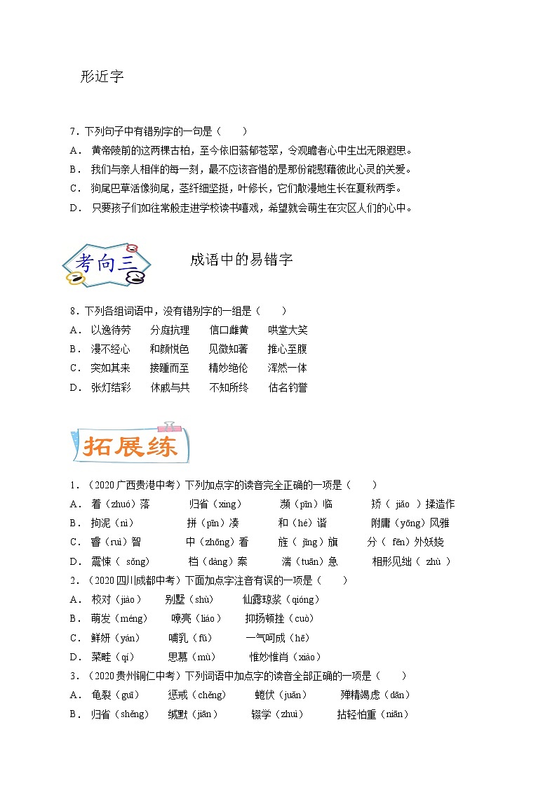 考点01 字音字形（考点专练）-备战2021年中考语文考点微专题03
