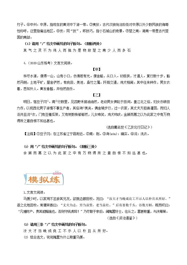 考点08 划分文言语句的朗读节奏（考点专练）-备战2021年中考语文考点微专题03