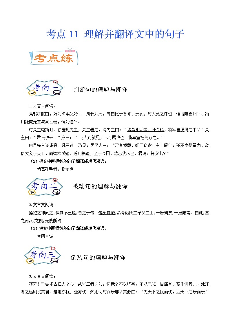 考点11 理解并翻译文中的句子（考点专练）-备战2021年中考语文考点微专题01