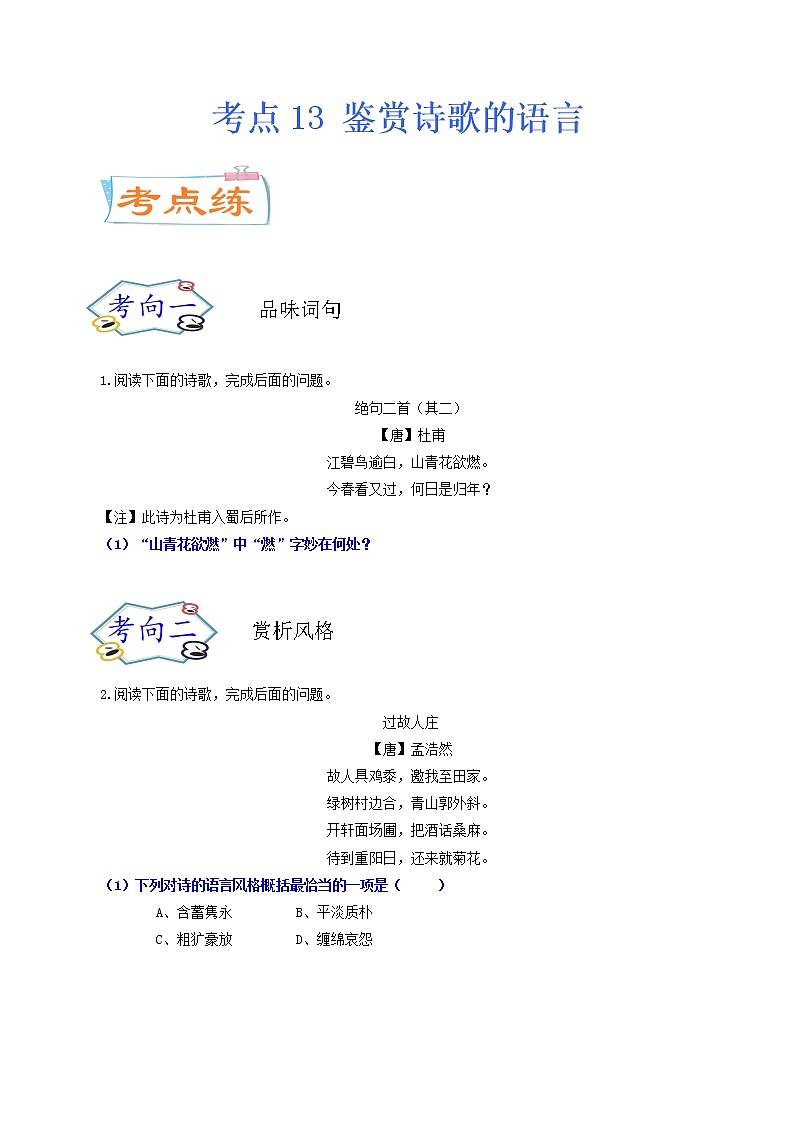考点13 鉴赏诗歌的语言（考点专练）-备战2021年中考语文考点微专题01