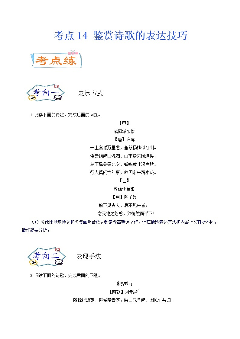 考点14 鉴赏诗歌的表达技巧（考点专练）-备战2021年中考语文考点微专题01