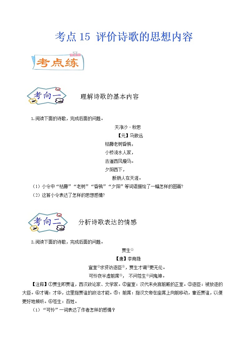 考点15 评价诗歌的思想内容（考点专练）-备战2021年中考语文考点微专题01
