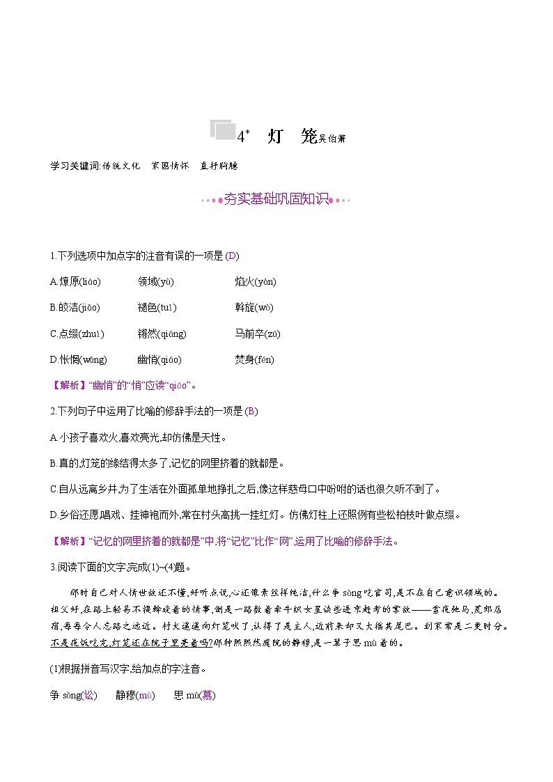 部编版语文八年级下册 4　灯　笼 课时作业 (含答案) 练习01