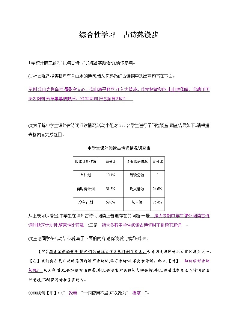 部编版语文八年级下册 第三单元综合性学习　古诗苑漫步 课时作业 (含答案)第1页