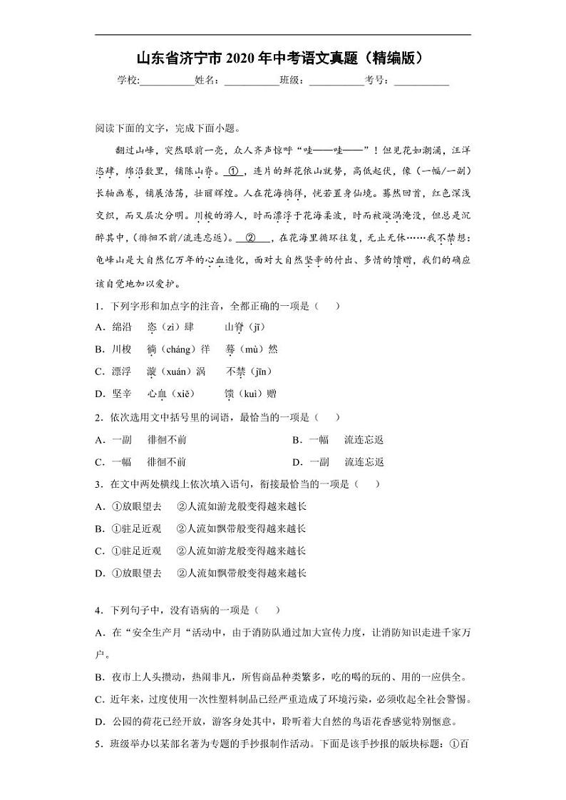 山东省济宁市2020年中考语文真题含解析01