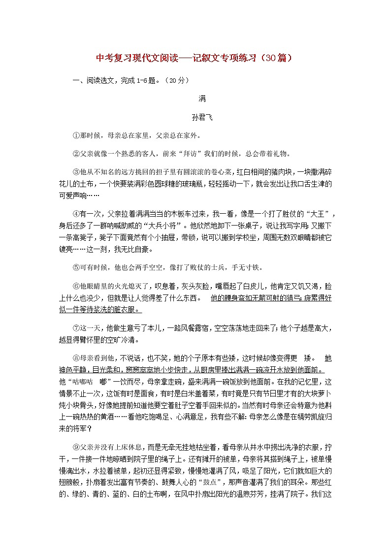 2021中考语文复习现代文阅读记叙文专项练习含解析第1页