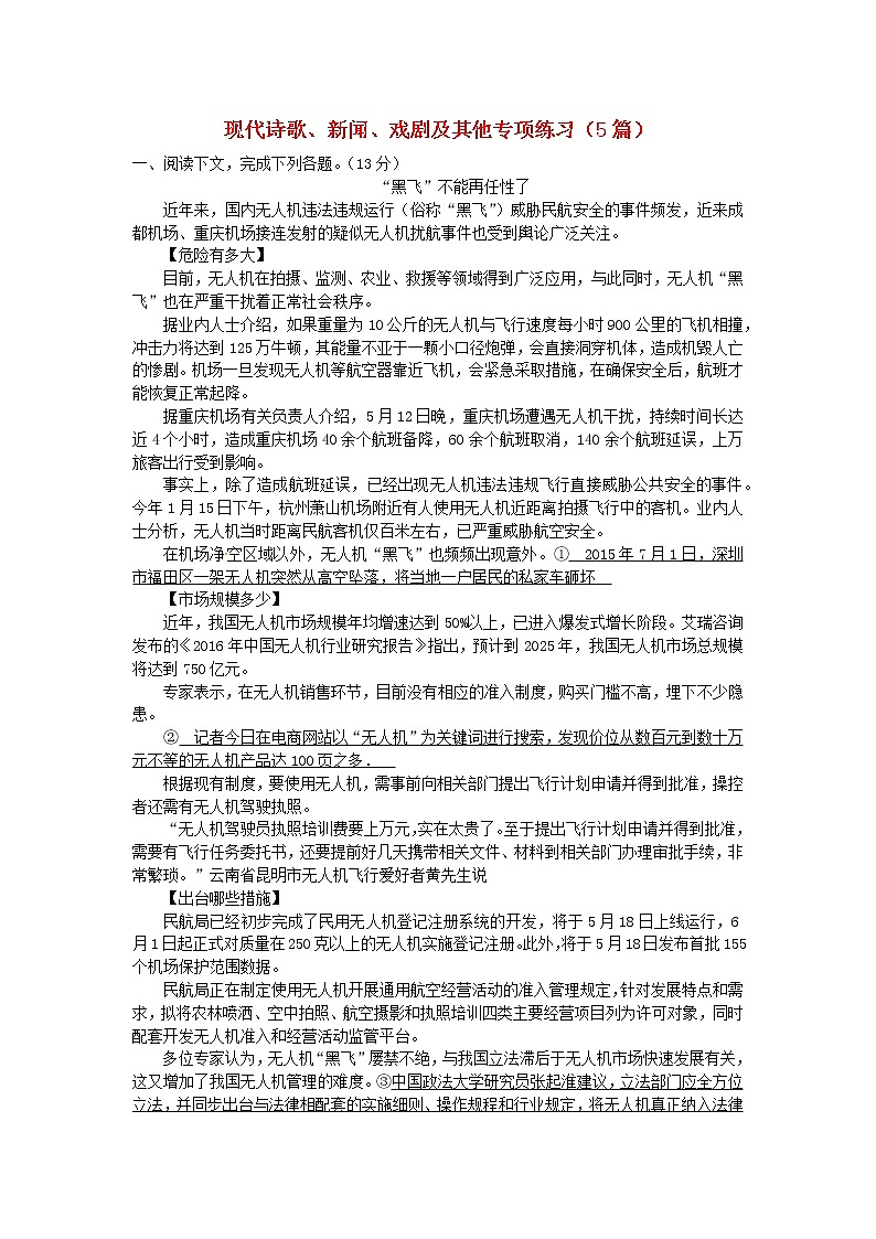 2021中考语文复习现代文阅读现代诗歌新闻戏剧专项练习含解析01