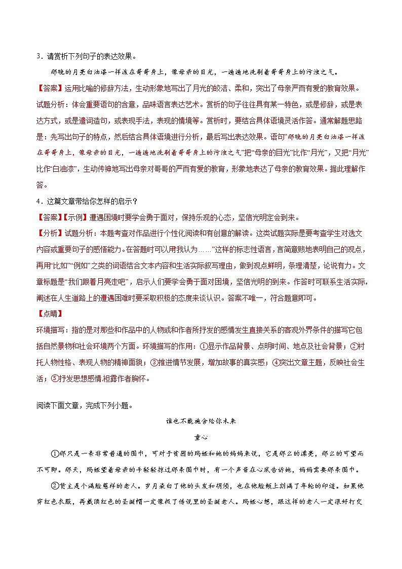 2021中考语文专项复习卷：专题31 中国现当代文学 （含原卷及解析卷）03