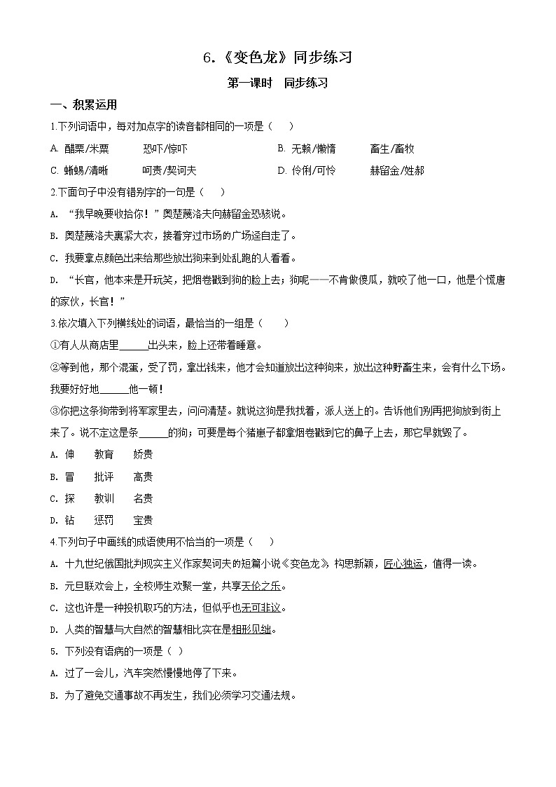 精品解析：2019-2020学年部编版九年级语文下册同步轻松备课系列精品-专题06 《变色龙》同步练习（原卷版）第1页