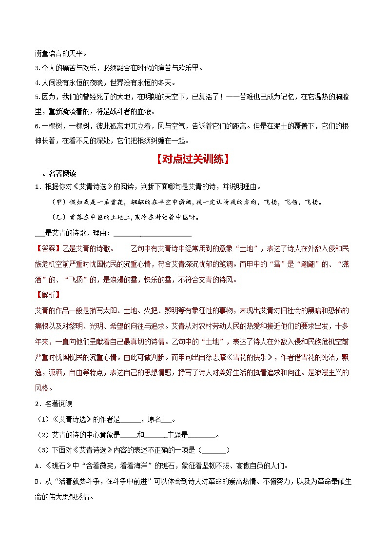 2021年中考语文名著导读专练10 九上《艾青诗选》（通用版）02