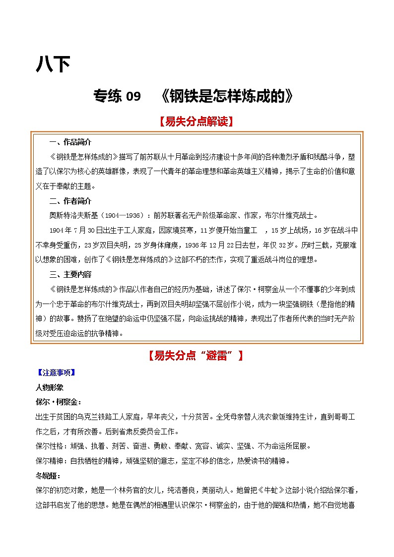 2021年中考语文名著导读专练09 八下《钢铁是怎样炼成的》（通用版）01