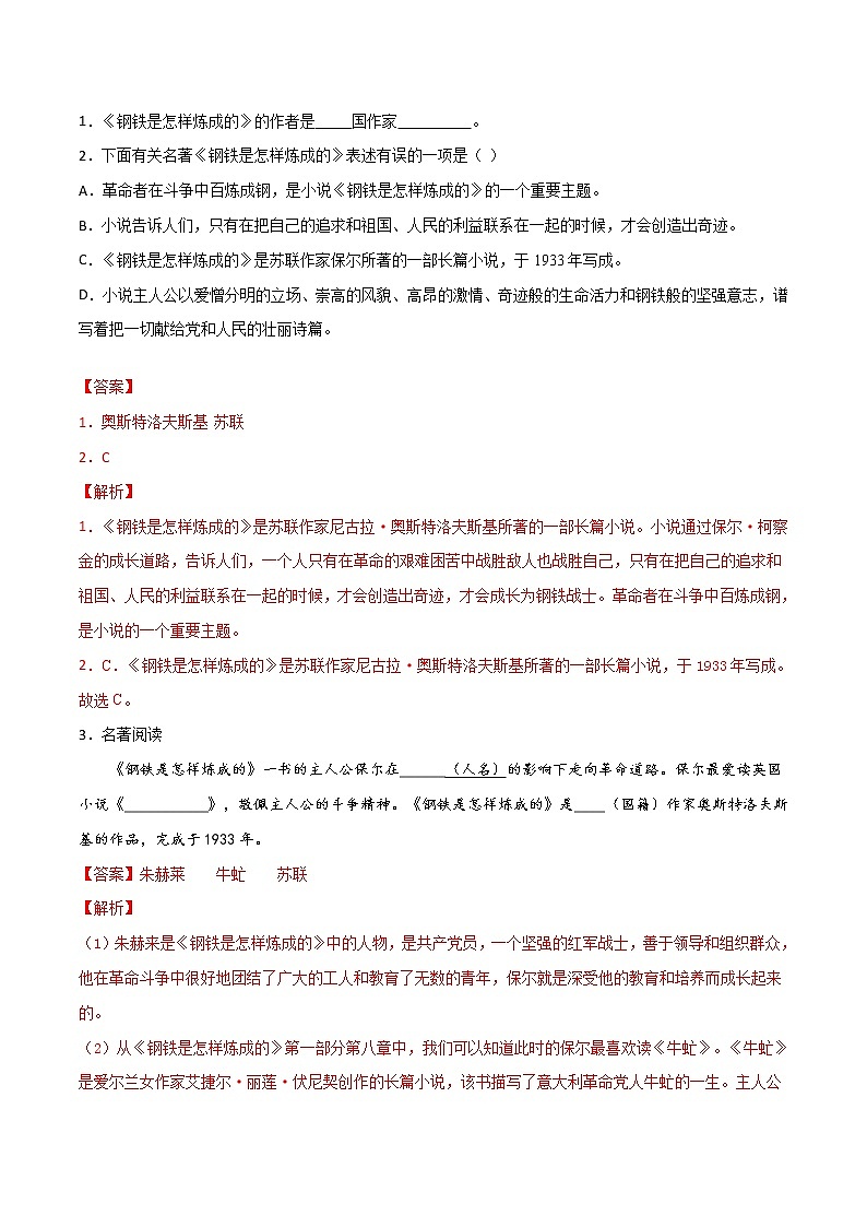 2021年中考语文名著导读专练09 八下《钢铁是怎样炼成的》（通用版）03