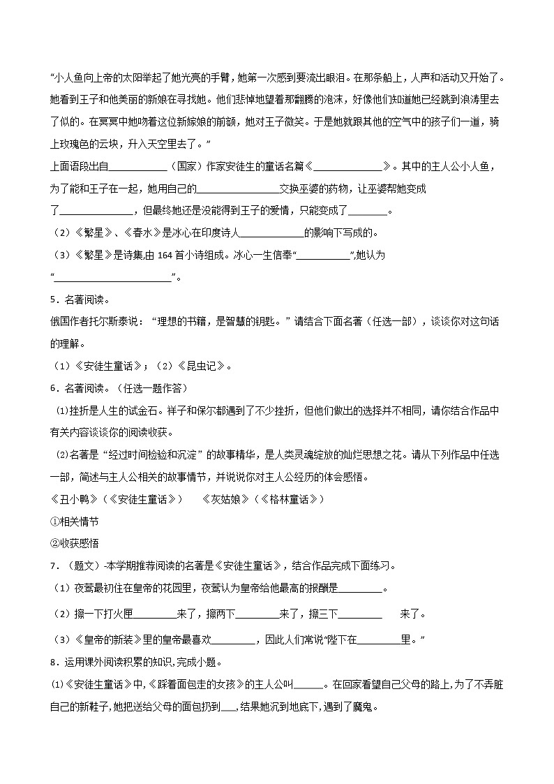 2021年中考语文名著导读专练17 新课标《安徒生童话》（通用版）03