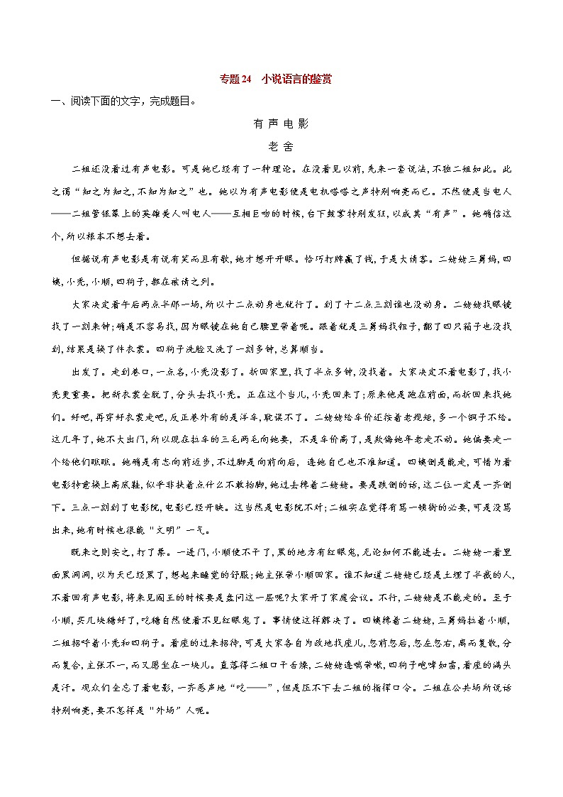 专题24  小说语言的鉴赏-2021年中考语文一轮复习专题训练大通关（提升练）01