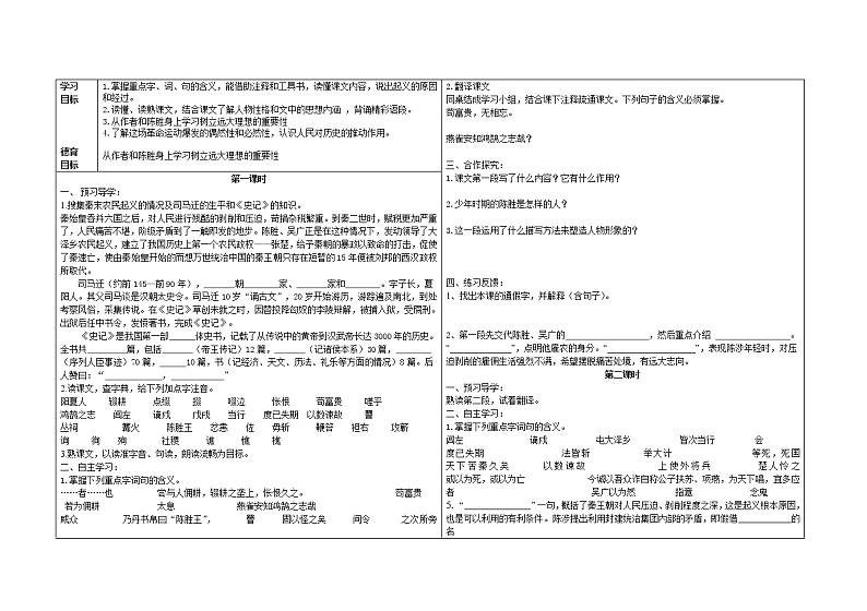 2020-2021学年九年级语文人教部编版下册第22课《陈涉世家》导学案（无答案）01