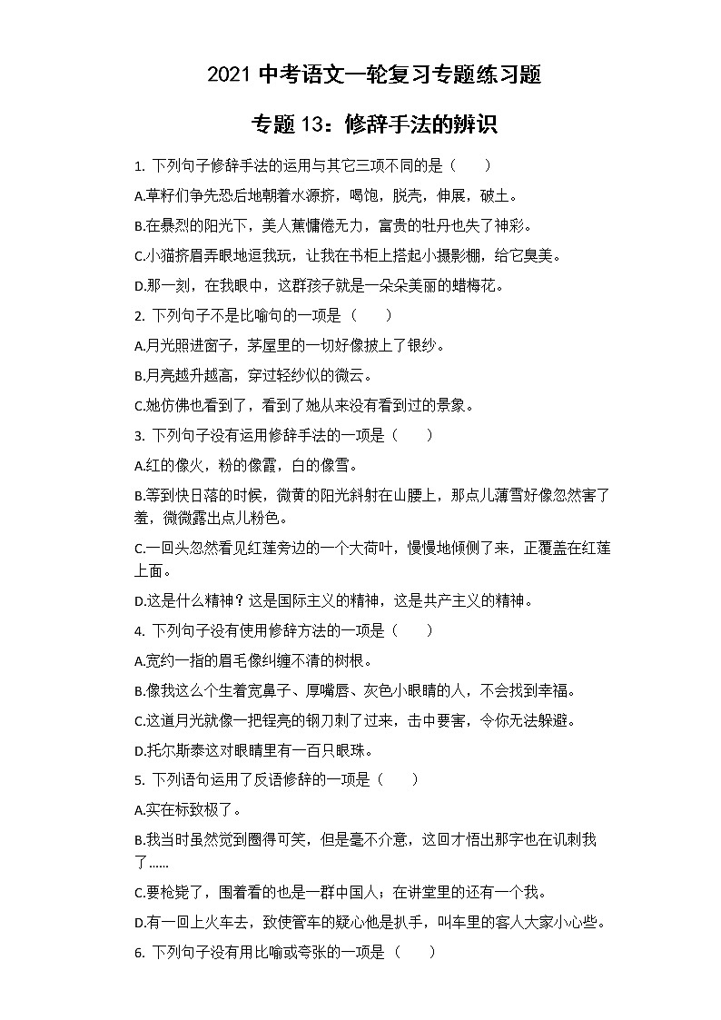 中考语文  专题13：修辞手法的辨识 专项练习卷（含答案）01