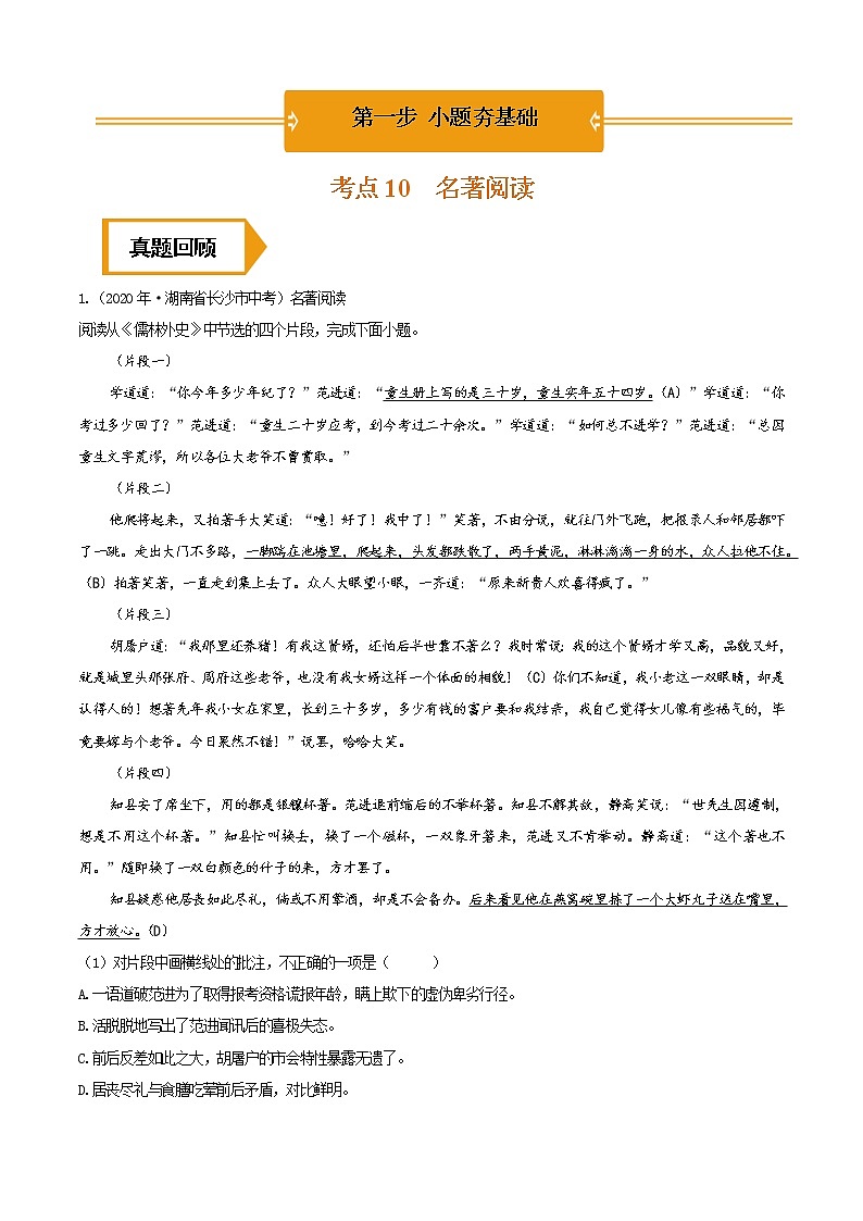 名著阅读（中考语文冲刺训练题精编版原卷+解析）01