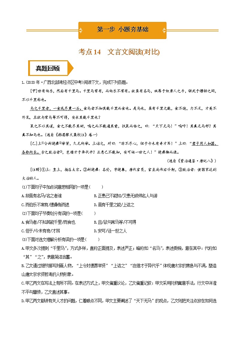 文言文阅读（比较阅读）（中考语文冲刺训练题精编版原卷+解析）01