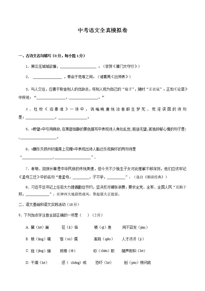 中考语文全真模拟卷（精编版）（原卷+解析）101
