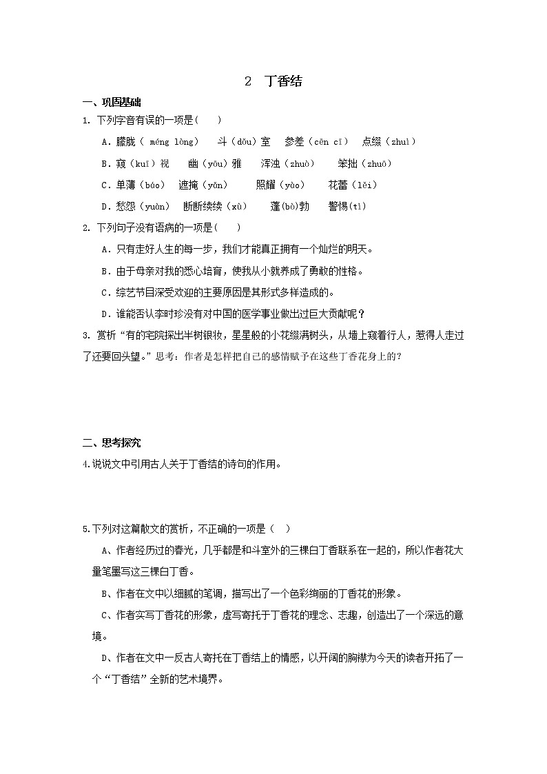 《丁香结》分层作业 练习01