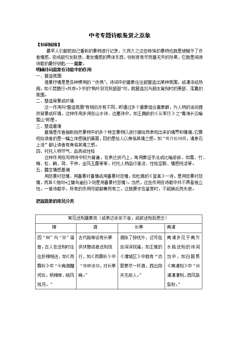 2021年中考语文热点专题诗歌鉴赏之意象（知识点梳理+练习）01