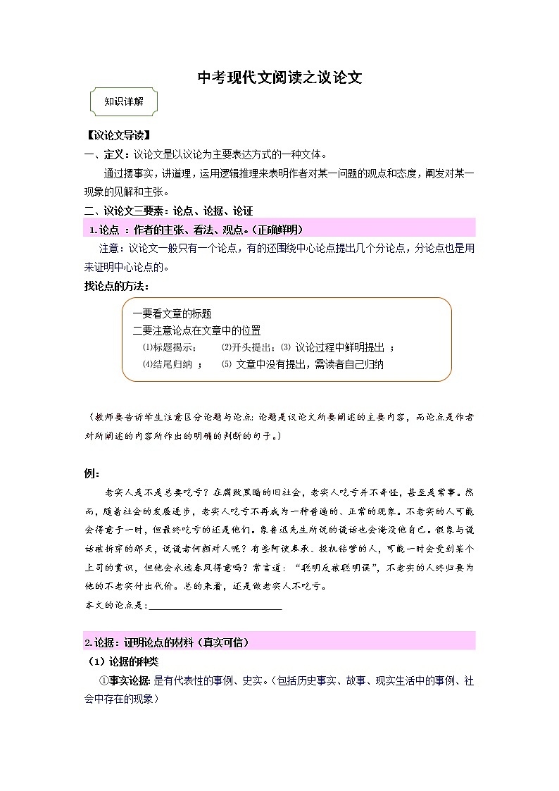 2021中考热点专题说明文之议论文阅读（知识点详解+练习）01