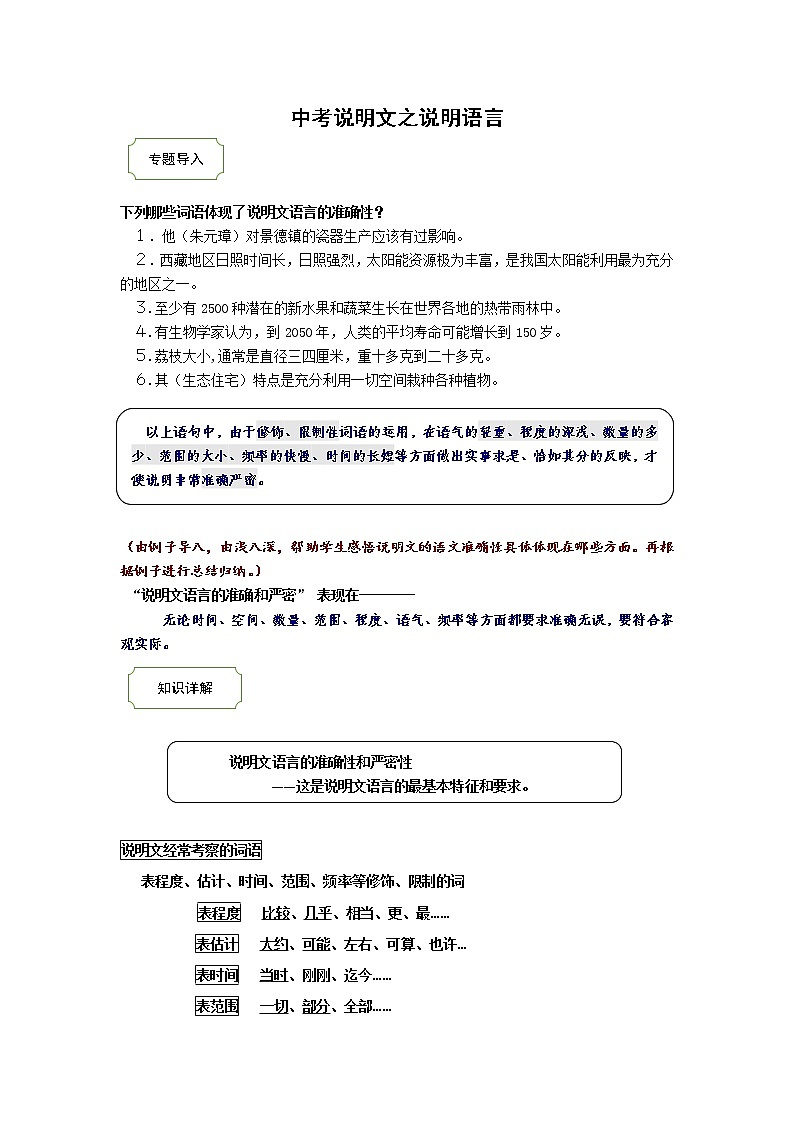 2021中考热点专题说明文之说明语言（知识点详解+练习）01