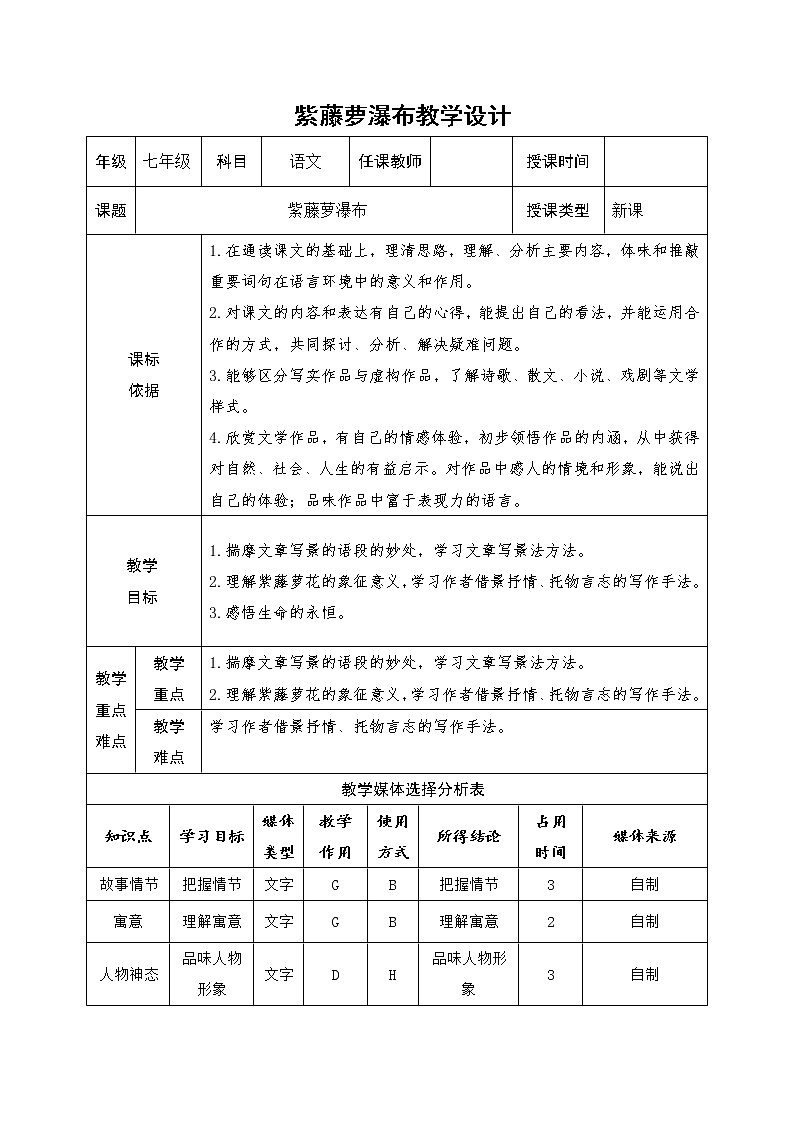 紫藤萝瀑布 创新教案设计第1页