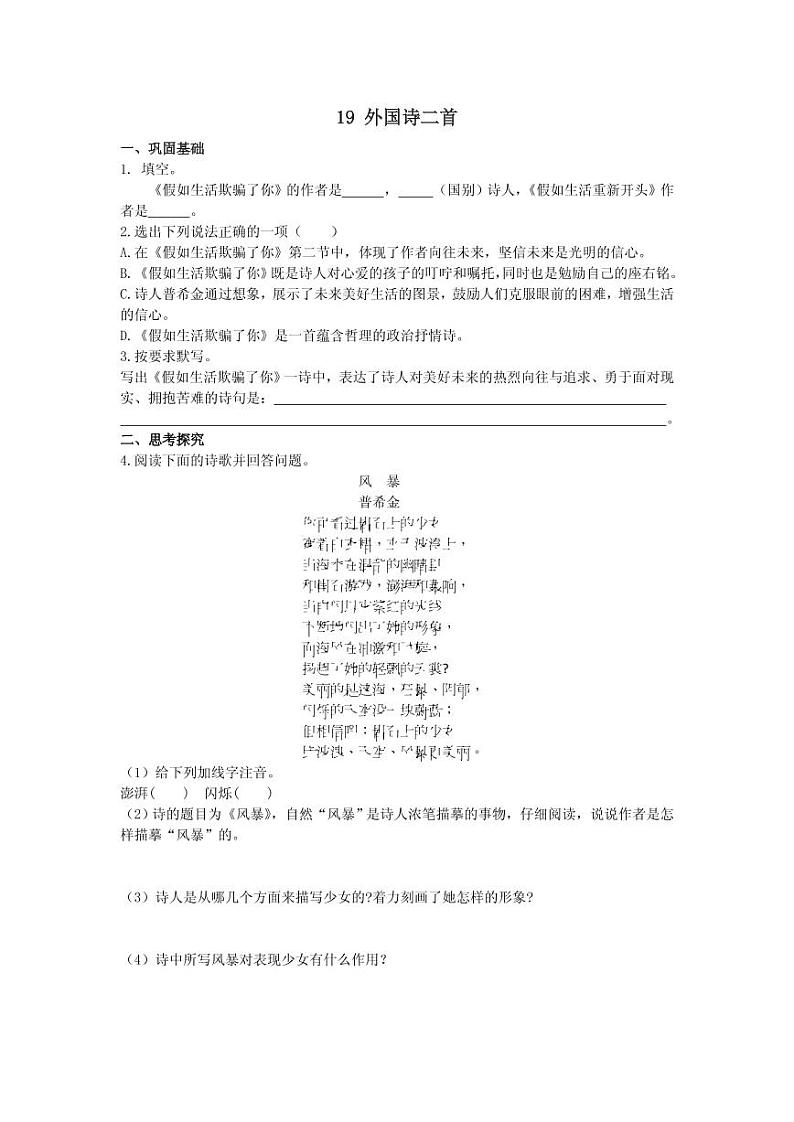 《假如生活欺骗了你》分层作业含答案 练习01