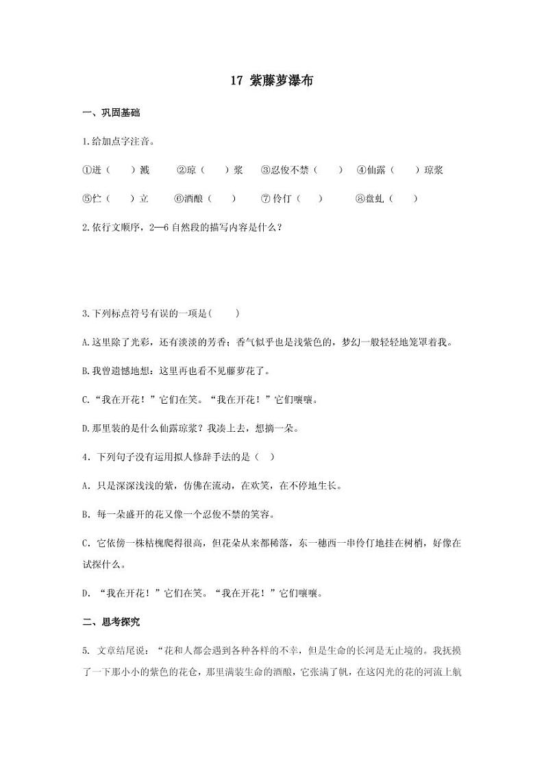 《紫藤萝瀑布》分层作业含答案 练习01