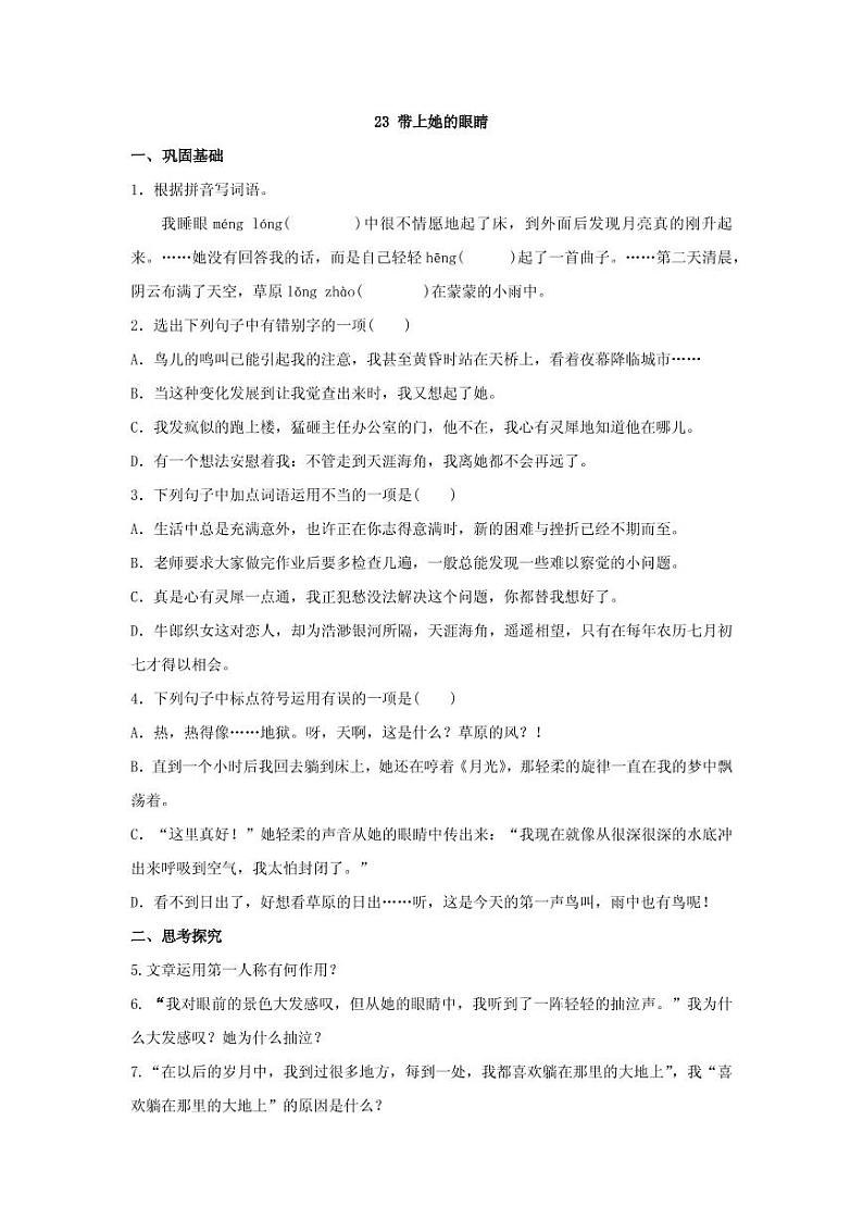 《带上她的眼睛》分层作业含答案 练习01