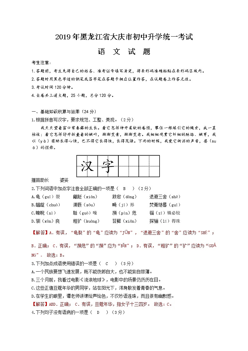 087—2019年黑龙江省大庆市中考语文试题（word版，含解析）01