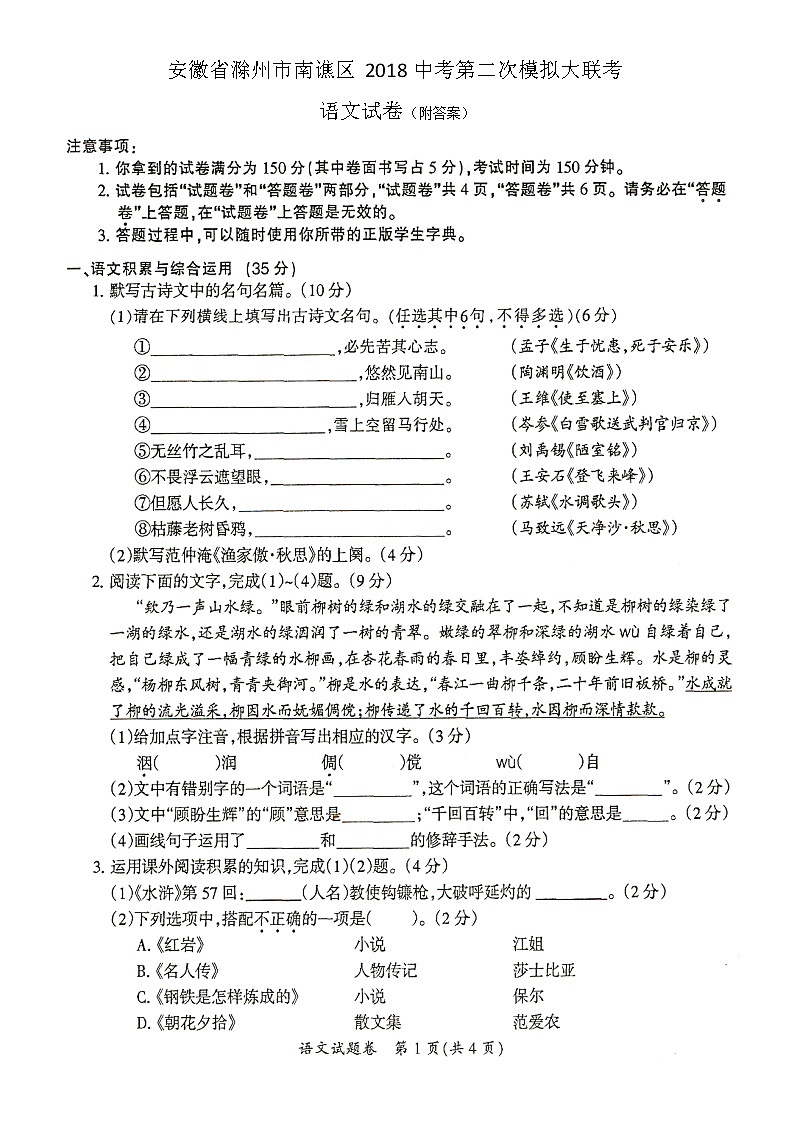 安徽省滁州市南谯区2018中考第二次模拟大联考语文 试卷01