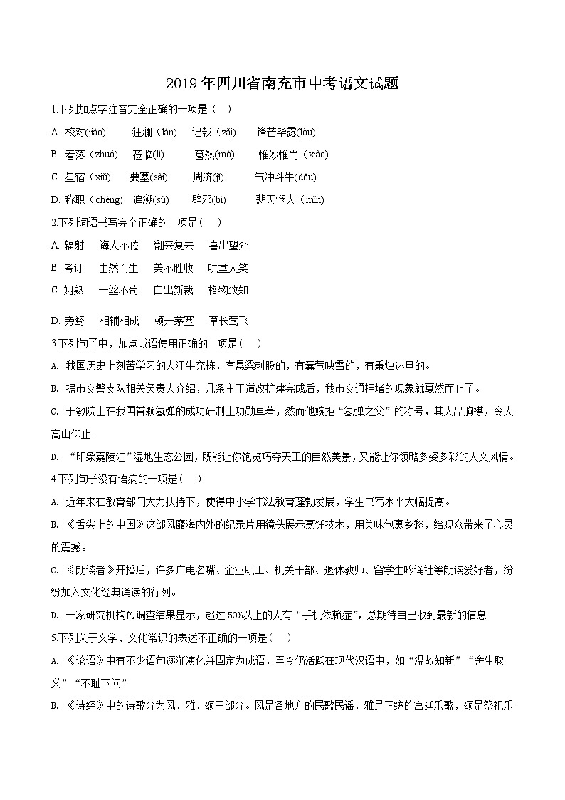 005—2019年中考真题精品解析 语文（四川南充卷）精编word版01