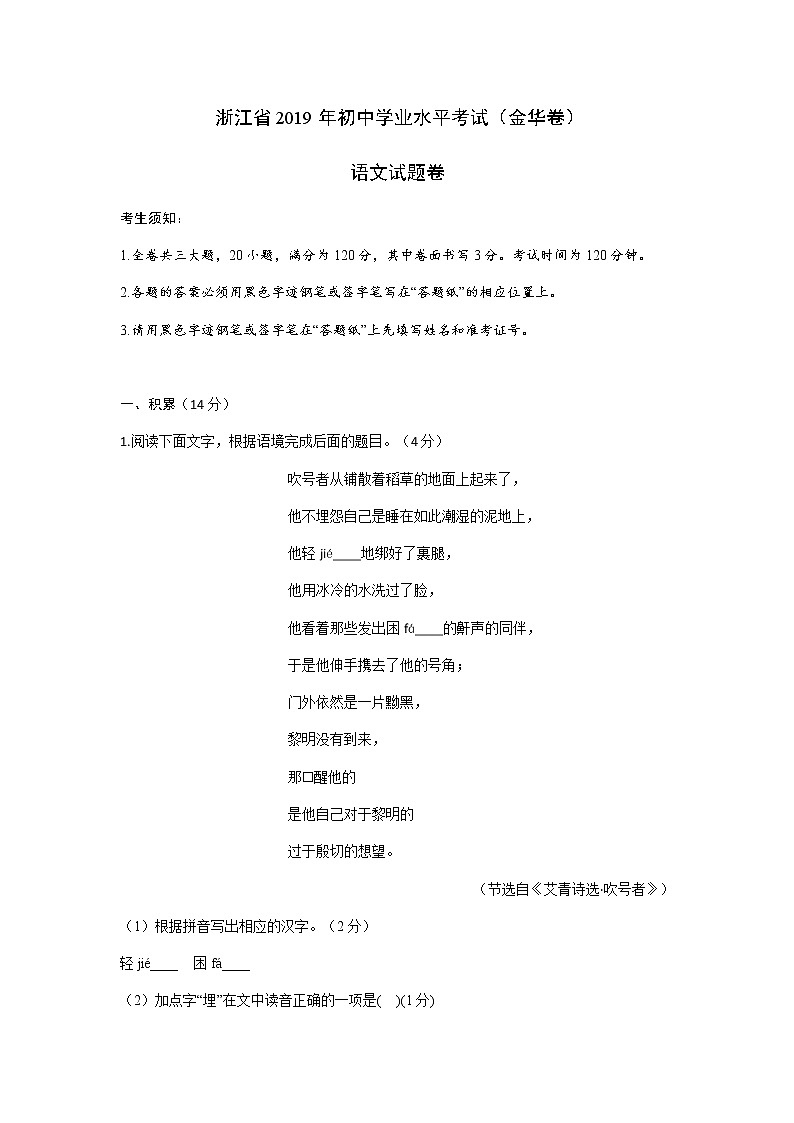 005—2019年中考真题精品解析 语文（四川南充卷）精编word版01
