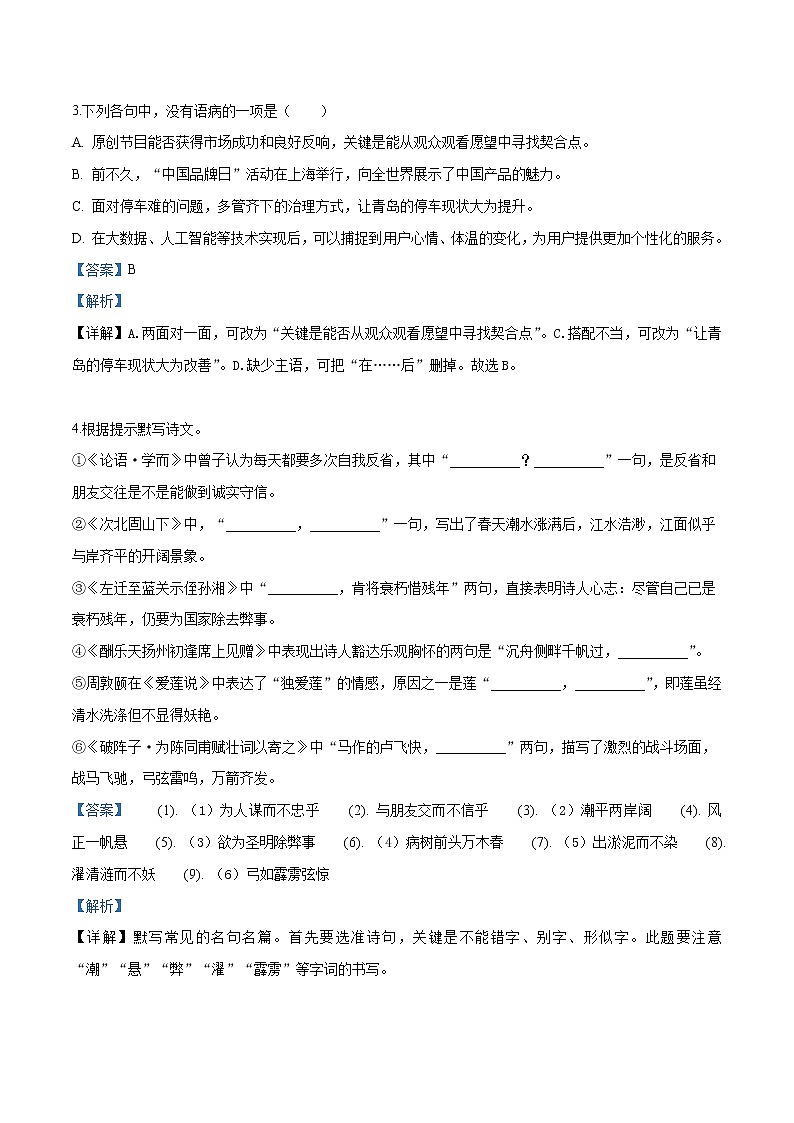 020—2019年中考真题精品解析 语文（山东青岛卷）精编word版02