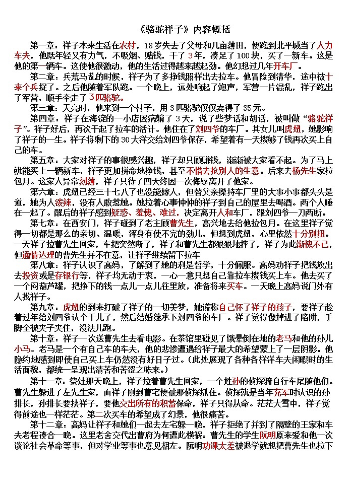 骆驼祥子章节概括答案 试卷01