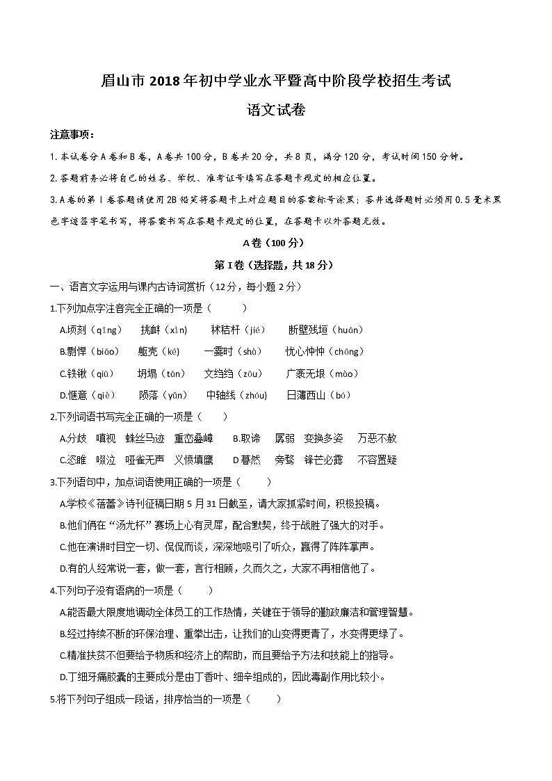 四川省眉山市2018届中考语文试题（word版，含答案）01