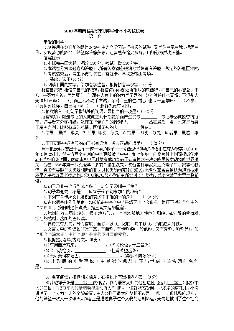 2018年湖南省岳阳市初中学业水平考试试卷（无答案）01