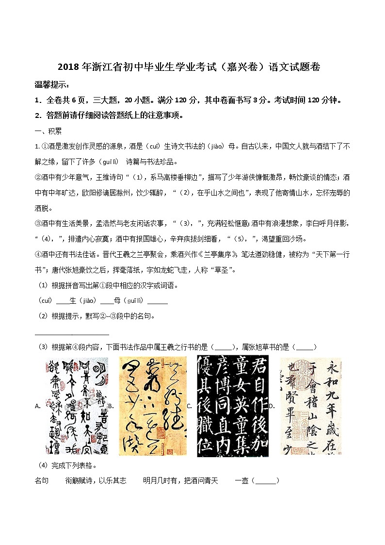 013.2018年浙江省嘉兴市中考语文试题及答案（解析版）第1页