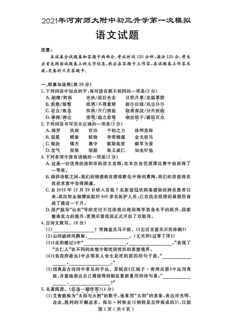 2021年河师大中考模拟 一模语文 试卷01