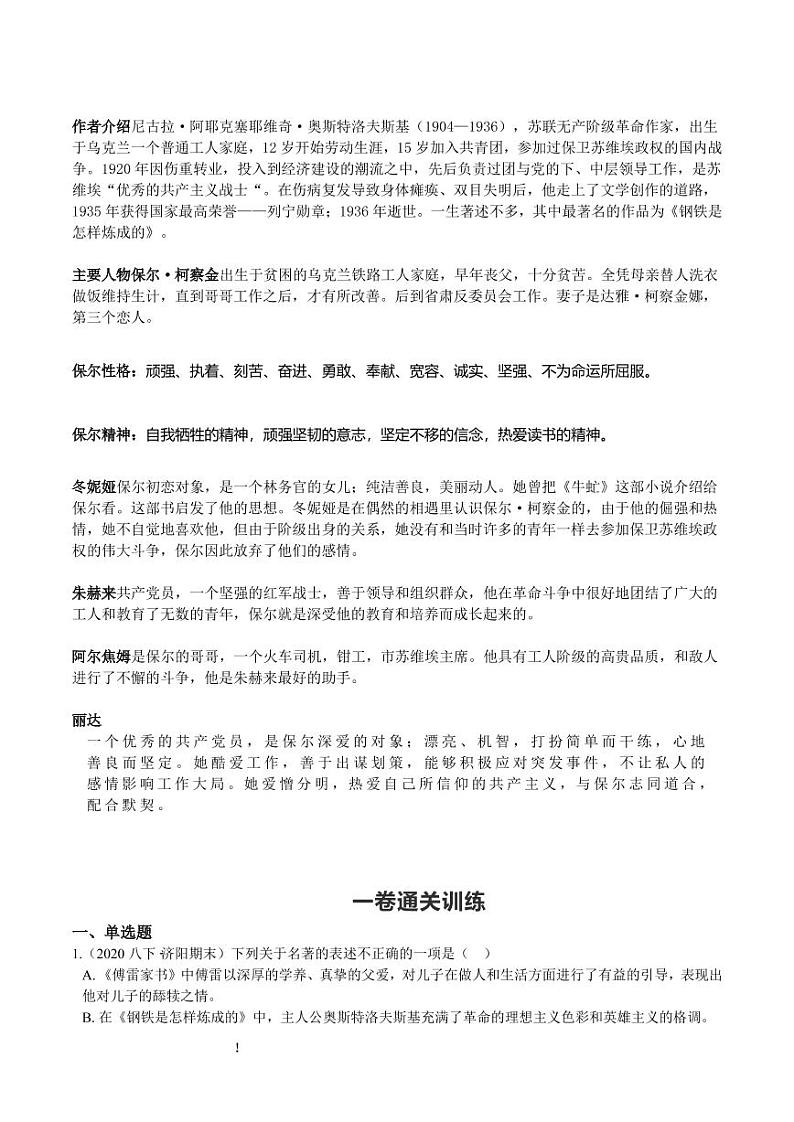 初中语文名著中考考点专练《钢铁是怎样炼成的》02