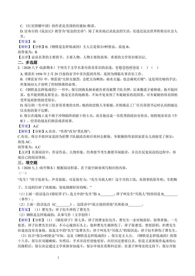 初中语文名著中考考点专练《钢铁是怎样炼成的》03